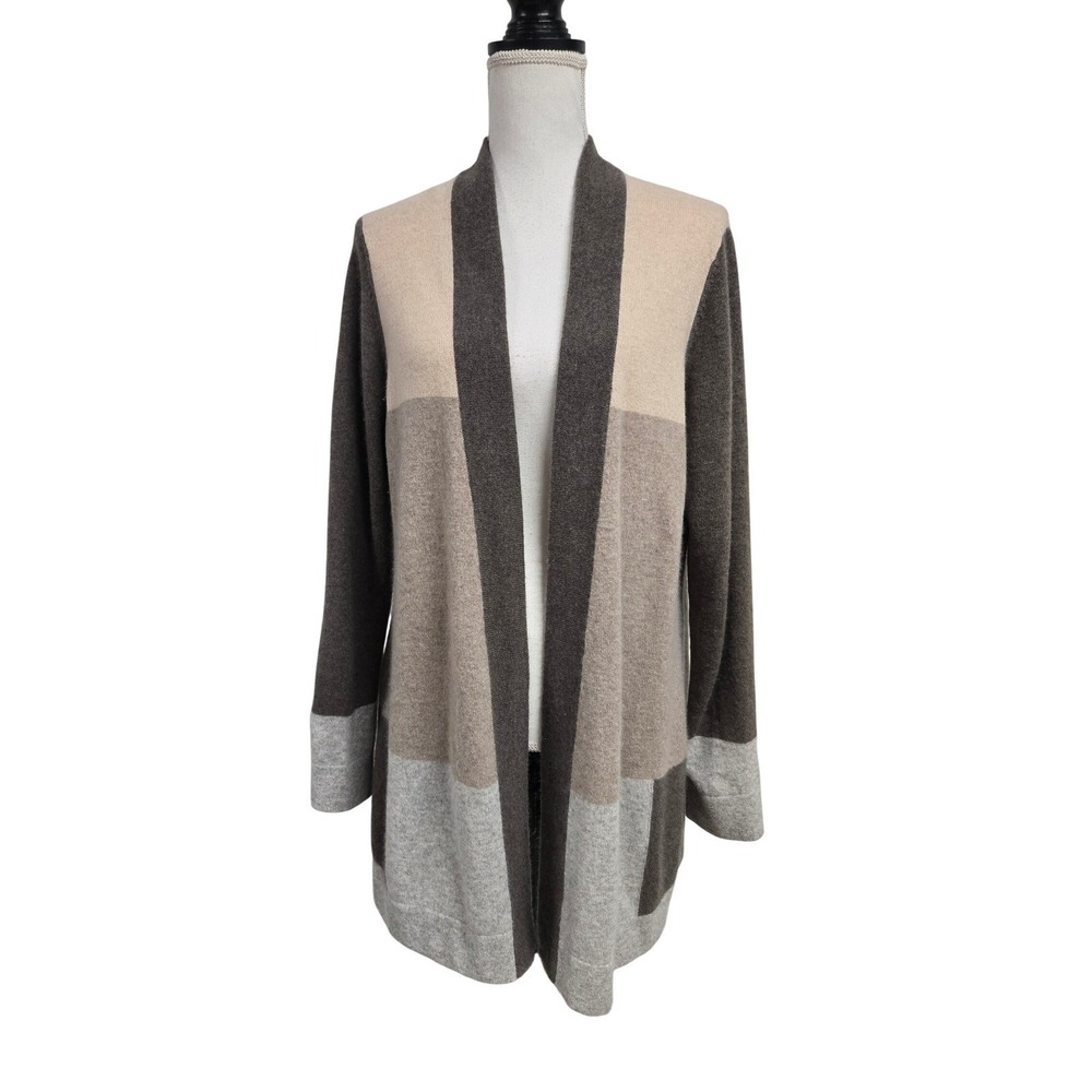 Charter Club Luxury 100% Cashmere Colorblock Open Front Cardigan Brown Tan L